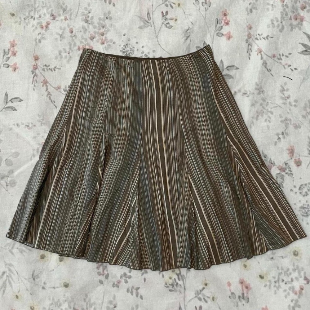 Y2k Cotton Brown Turquoise Vertical Striped Ny&Co Skirt Midi Full Lined Twee